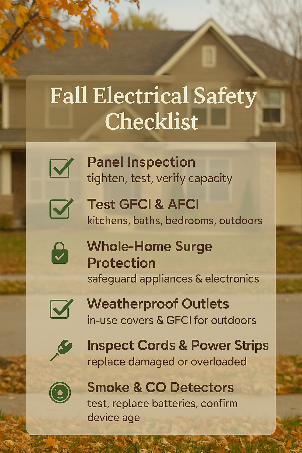 Fall Electrical Safety Checklist for Minnesota Homes Fall Electrical Safety Checklist graphic with tips for Minnesota homeowners, including panel inspection, GFCI and AFCI testing, whole-home surge protection, weatherproof outlets, inspecting cords and power strips, and testing smoke and CO detectors.
