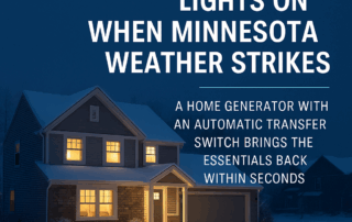 Warmly lit Minnesota home in snowy winter night with text overlay: "Keep the lights on when Minnesota weather strikes – A home generator with an automatic transfer switch brings the essentials back within seconds."
