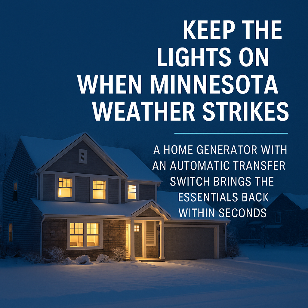 Warmly lit Minnesota home in snowy winter night with text overlay: "Keep the lights on when Minnesota weather strikes – A home generator with an automatic transfer switch brings the essentials back within seconds."
